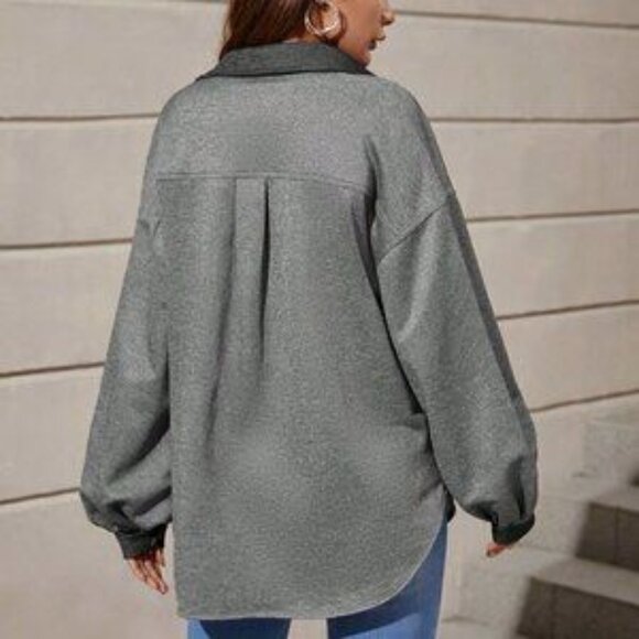 Grey Casual Womens Drop Shoulder Flap Pocket Contrast Trim Coat - Picture 3 of 5